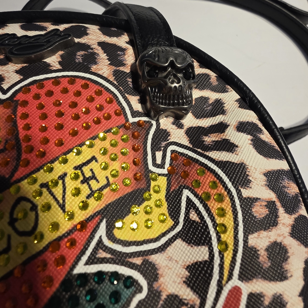 Ed Hardy Tattoo Cheetah Print Handbag Eternal Love Bag Vegan Material Skulls NWT - Picture 11 of 15